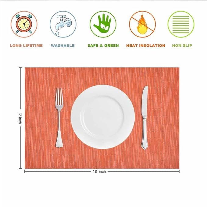 GIVERARE Placemats Set of 4, Heat-Resistant Woven Vinyl Placemat, Non-Slip Washable PVC Table Mat, Easy to Clean Premium Plastic Mats for Dining, Kitchen Table (Orange)