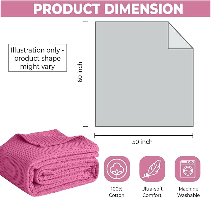 100% Cotton Blankets Throw Size for Bed - Waffle Weave Blankets for Summer, Lightweight and Breathable Soft Woven Blanket for Spring, (Pink, Throw (50" x 60"))