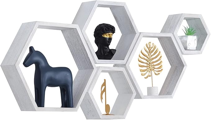 PHOENANCEE Hexagon Floating Shelves,Wall Mounted Wood Farmhouse Storage Honeycomb Wall Shelf Set of 5,for Bathroom, Kitchen, Bedroom, Living Room,Office,Driftwood Finish (Weathered White)