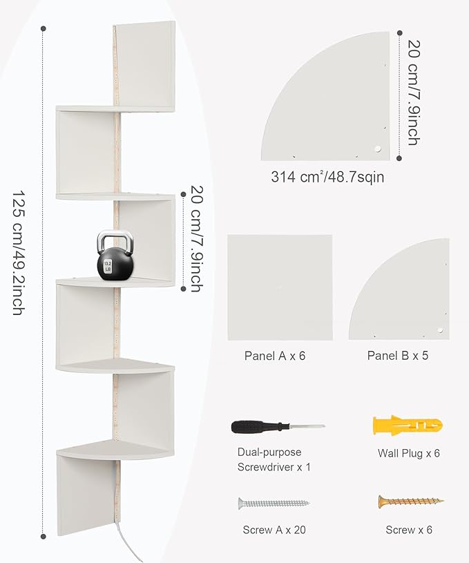 5 Tiers Corner Shelf with RGB LED Lights, 49.2" Wall Mount Floating Corner Display Shelf for Living Room Bedroom Home Office Decor, APP & Remote Control (White)