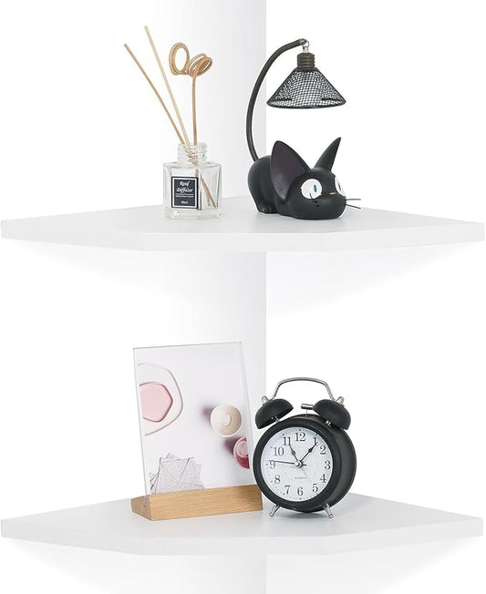 Corner Wall Shelves Set of 2, Rustic Wood Corner Floating Shelves with Cable Raceway, Wall Mount Storage Display for TV Accessories, Baby Monitor, Speaker, Cable Box (White, Diamond- 12 Inch)