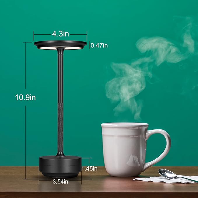 Cordless Table Lamps, Portable Rechargeable LED Battery Powered Touch Table Light, 3 Color Stepless Dimming Modern Metal Table Lamp, for Home/Bedroom/Restaurant/Reading(Black)