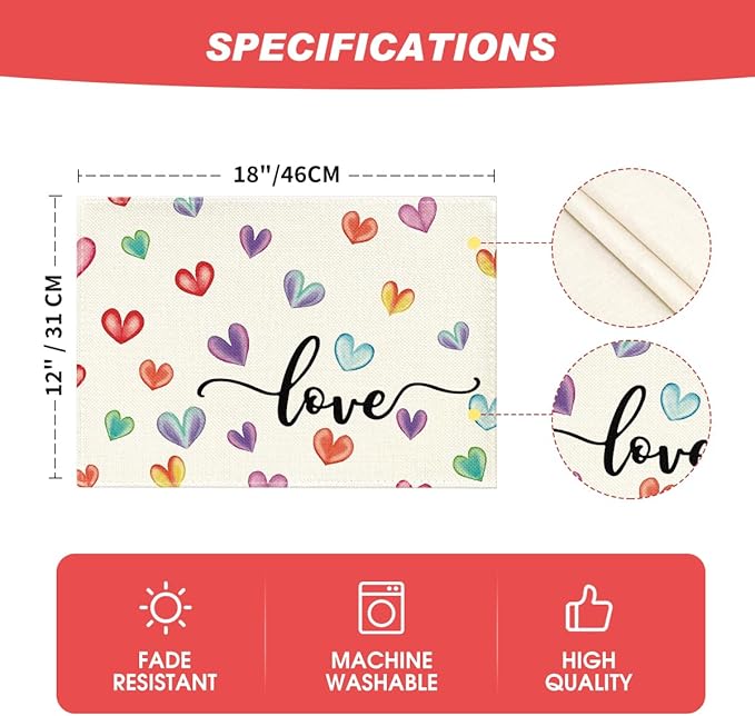 Artoid Mode Multicolor Love Hearts Valentine Placemats Set of 4, 12x18 Inch Seasonal Anniversary Holiday Table Mats for Party Kitchen Dining Decoration