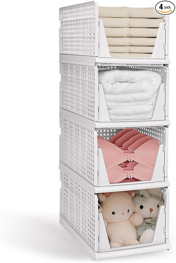 XL Stackable Plastic Storage Basket, 4 Packs closet storage bins for clothes sweater organizer for closet Folding closet organizers and storage Closet Shelf Storage Container for Cupboard Bedroom 4XL