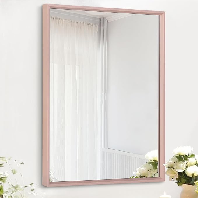 AAZZKANG Framed Mirror Rectangular Wall Mirror 28"x20" with Metal Frame for Bathroom Bedroom Living Room Entryway Decorative Mirror Home Decor Pink