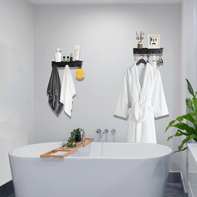 Towel Rack with Shelf Wall Mounted, Set of 2 Aluminum Bath Robe Hook, Outdoor Pool Holder or Bathroom Hot Tub Accessories, Metal Bathtub Hanger, Decor Display Storage for Hat Clothes Key Bag