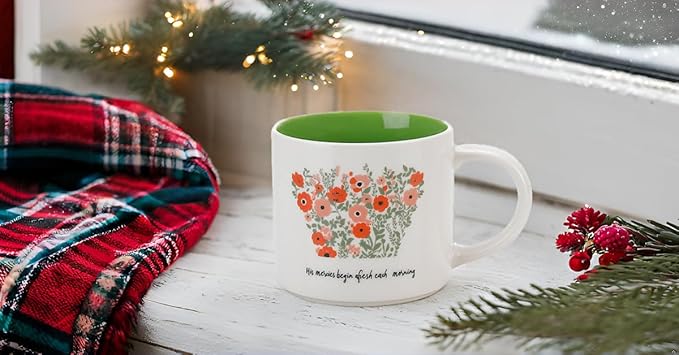 Blooming Floral Ceramic Mug 15 OZ (450ml) - His Mercies Begin Afresh Each Morning - Faith Inspired Coffee Cup with Botanical Design - Microwave & Dishwasher Safe