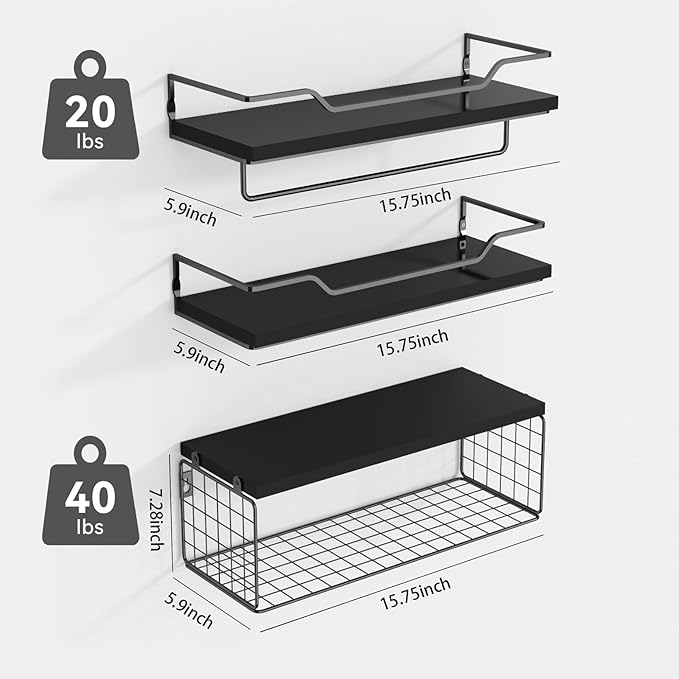 Floating Shelves Wall Mounted,Wood Bathroom Shelf Over Toilet with Paper Storage Basket, Wall Decor Farmhouse Floating Shelf for Bedroom, Living Room, Kitchen,Office (Black)