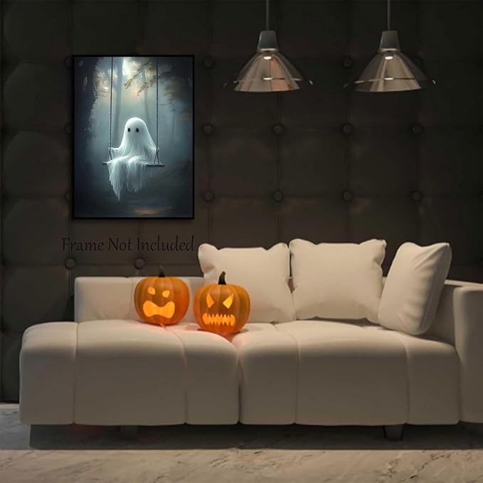 ILLBDR Cute Ghost Canvas Wall Art Halloween Decor Vintage Painting, Spooky Silhouette Ghost Haunted House Art, Bedroom Gothic Decor Ready to Hang, 12x16 Inch Unframed
