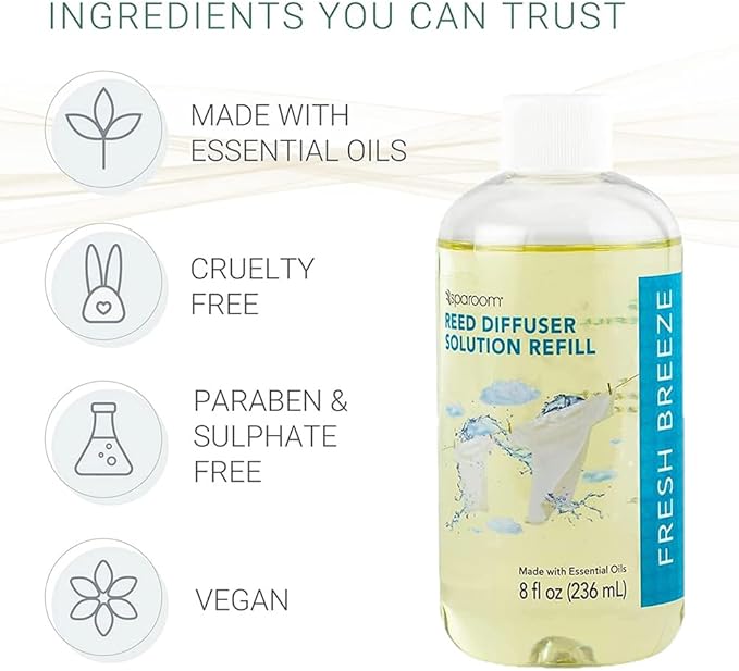 SpaRoom Reed Diffuser Oil Refill – Fresh Breeze Scent, 8oz Air Purifying Aroma for a Light and Open Feel, Ideal for Living Rooms or Hallways, Subtle Everyday Freshness for Whole Home Balance