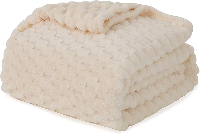 Puncuntex Cream White Throw Blanket 108"×90" inches Fuzzy 3D Jacquard Decorative Flannel Fleece Super Soft Plush Cozy Blanket for Couch Sofa Chair Lightweight