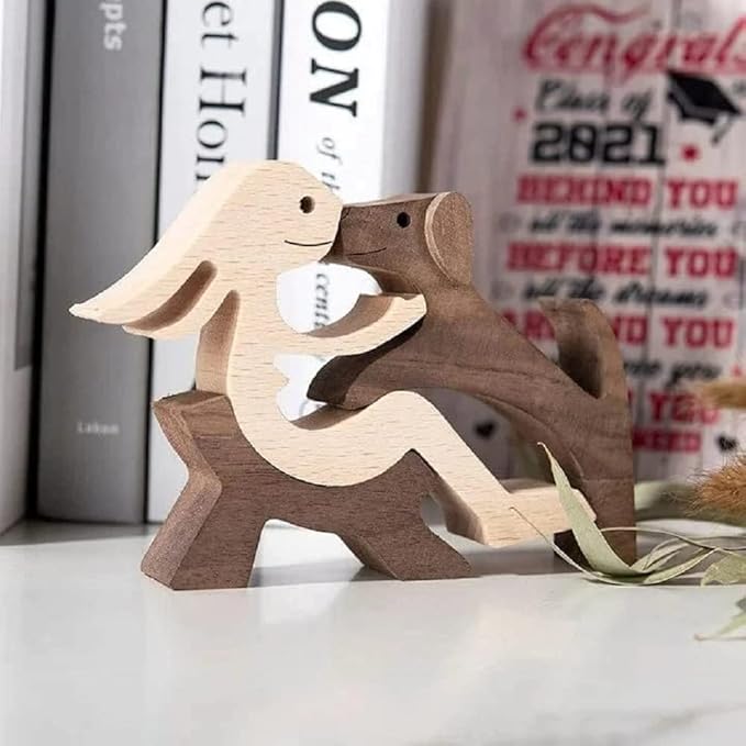 Hand Carved Wooden Woman & Dog Statue - Home Office Decor Wood Human & Dog Sculpture, Unique Gift to Remember Friendship