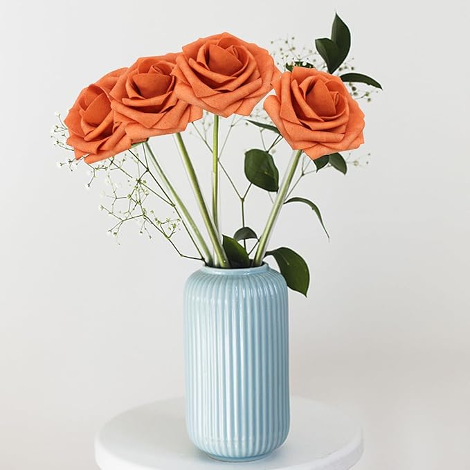 200PCS Artificial Flowers Burnt Orange Roses Real Looking Foam Fake Roses with Leaves and for DIY Wedding Bouquets Bridal Shower Centerpieces Party Decorations (Burnt Orange, 200)