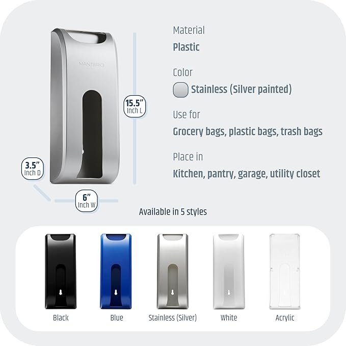 Wall-Mount Grocery Bag Dispenser | Space-Saving Design | Easy Install | Smudge-Proof, Fingerprint-Resistant Silver Dispenser Holds Maximum Bags