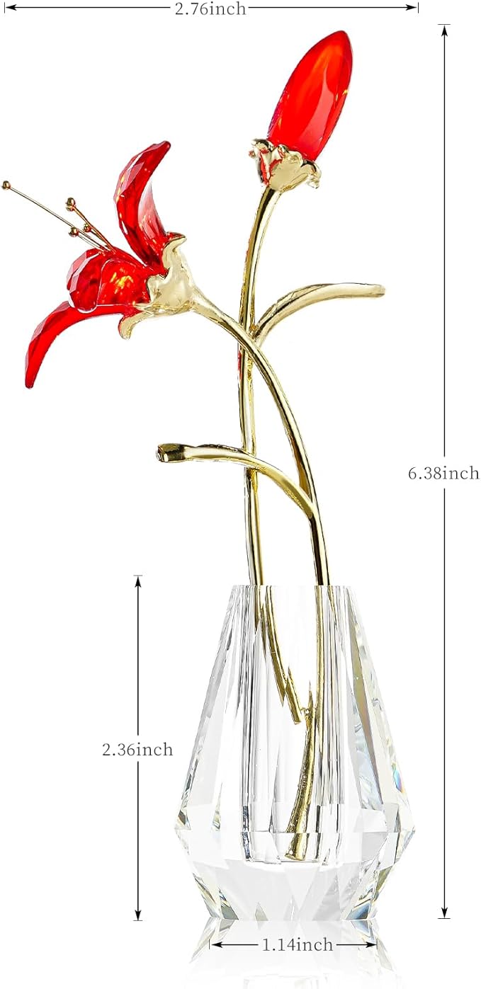 Crystal Lily Figurine, Glass Flowers with Stem,Flower Collectible Gifts for Woman, Wedding Party Decor(Red)