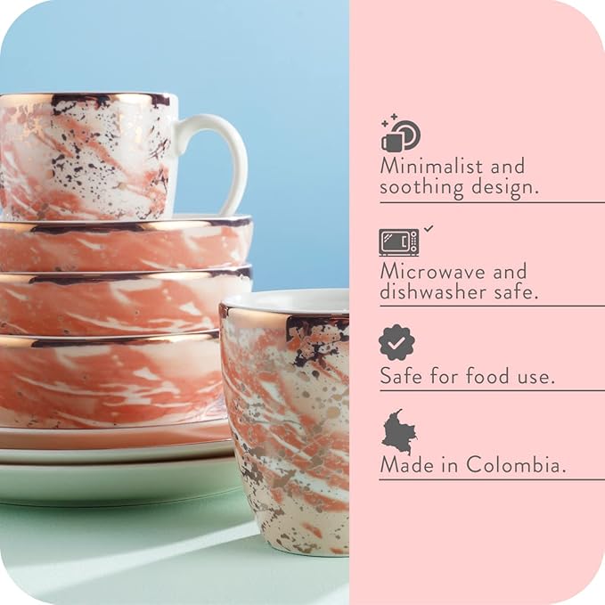 Corona 16-piece Rose Gold Modern Design Ceramic Dinnerware Sets | Plates, Bowls and Mugs | Service For 4 | Amani