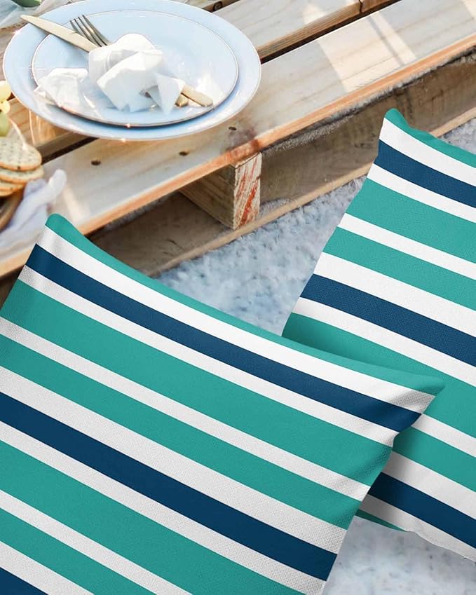 Outdoor Waterproof Throw Pillow Covers Set of 2 Navy Blue Turquoise Stripes Decorative Outdoor Pillows Cushion Case 24x24 Inch Teal Striped Patio Pillows for Couch Sofa Bed Garden Office Home Decor
