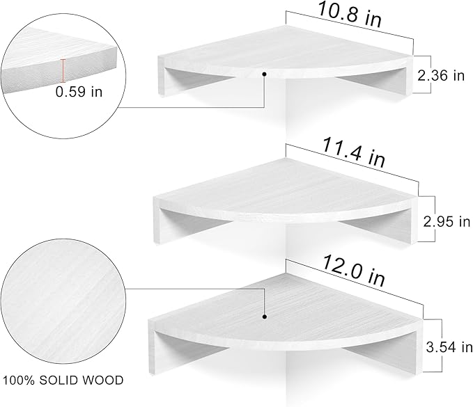 Alsonerbay White Corner Shelf Wall Mount, Set of 3 Floating Shelves for Storage and Display, Rustic Wood Shelves for Bedroom, Living Room, Bathroom, Entryway, Garage
