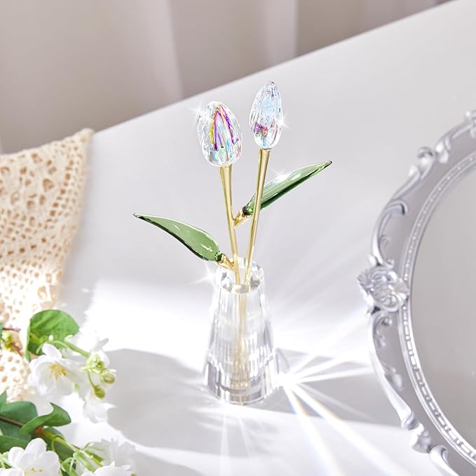 Crystal Tulips Figurine - Handmade Flowers with Vase - Glass Flower Bouquet Collectible Office Home Decor Paperweight - Tulip Gifts for Women Mom Bestfriend Wedding Anniversary