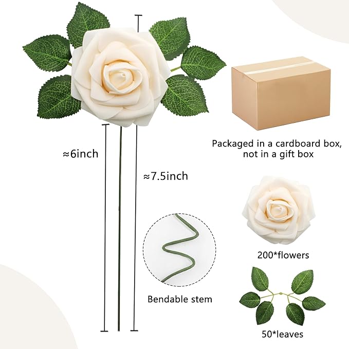 200PCS Artificial Flowers Champagne Roses Real Looking Foam Fake Roses with Leaves and for DIY Wedding Bouquets Bridal Shower Centerpieces Party Decorations (Champagne, 200)