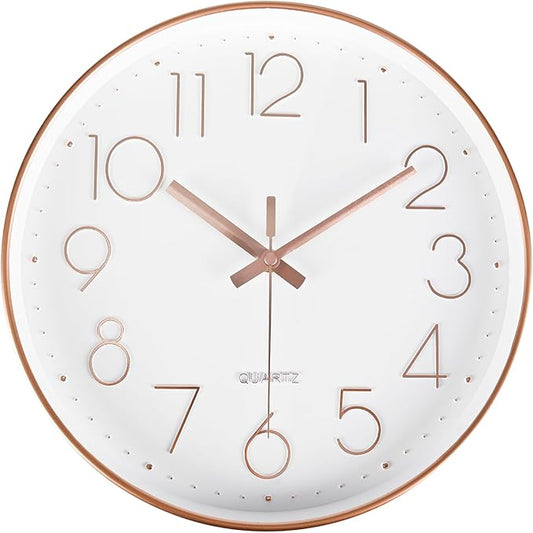 Wall Clock 10 Inch Battery Operated Modern Round Non-Ticking Wall Clocks for Kitchen, Office, Classroom (Rose Gold)