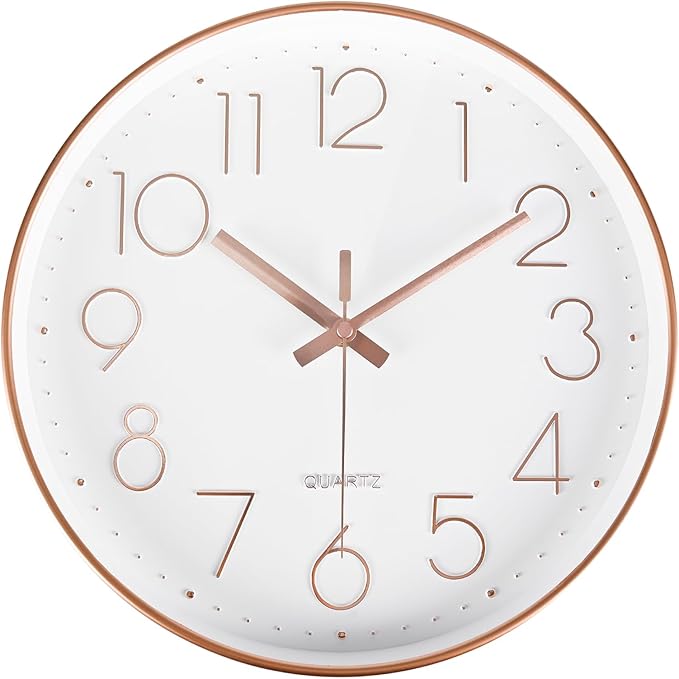 Wall Clock Battery Operated Non-Ticking Modern Analog Wall Clocks for Living Room, Kitchen, School (12Inch, Rose Gold)