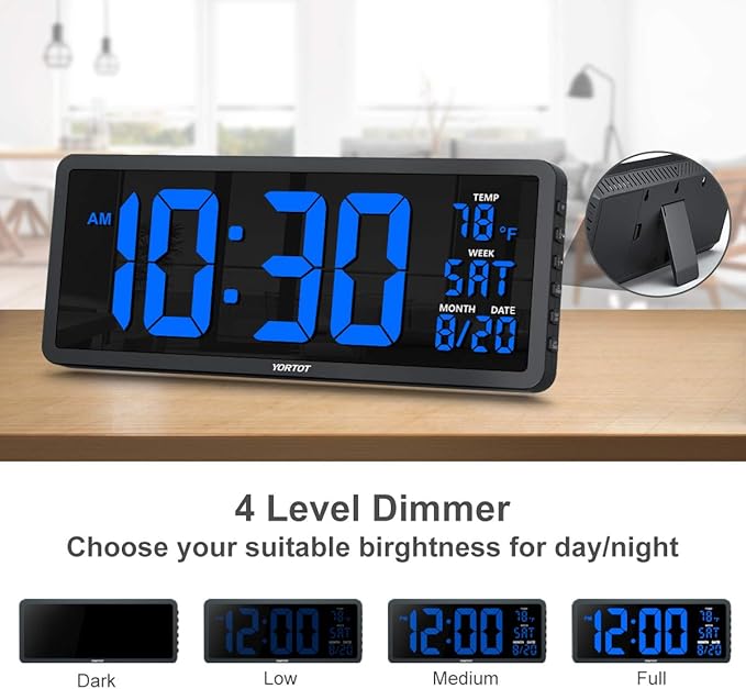 YORTOT 16 Inch LED Wall Clock with 7 Color Decor Night Light Big LED Clock with Indoor Temperature, Date, Auto DST, 12/24Hour, Wall Mount/Foldable Stand