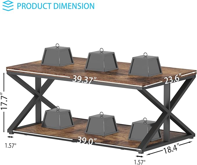 Coffee Table with Storage, Farmhouse Living Room Table, Modern Minimalist Rectangle Center Table, Industrial Vintage Wood Tea Table, 39 Inch, Rustic Brown
