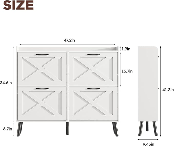 Maupvit Large Shoe Storage Cabinet with 4 Flip Drawers, Narrow Shoe Cabinet for Entryway with Wooden Legs, Freestanding Hidden Shoe Rack Organizer & Metal Hinges, White