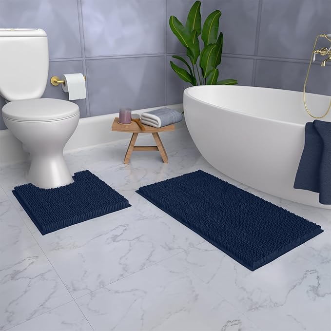 LuxUrux Bathroom Rugs Sets 2 Piece: Quick Dry, Soft Plush Anti-Slip, Super Absorbent. Includes Rectangular (31x20 inches) & U-Shaped Toilet Mat (20x20 inches) | Navy