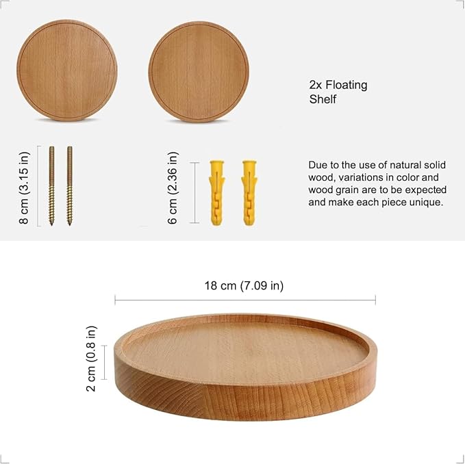 Coracle Floating Shelf Wood Round Wall Mounted Showcase Wall Shelf Hanging Planter Storage Wooden Shelf for Plants Photo Candle Invisible Wall Decoration Design Set of 2 (Diameter Ø7.09 inch)