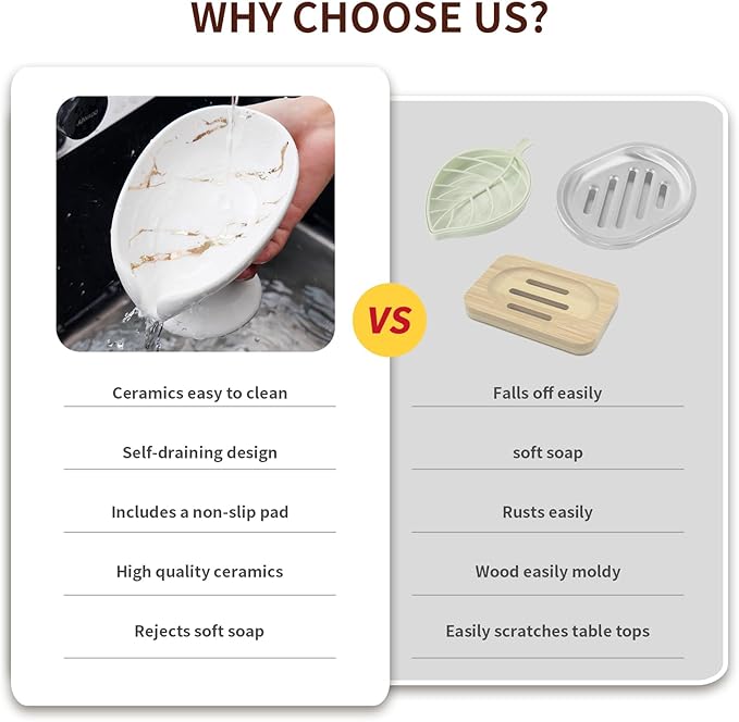 Soap Dish, Soap Holder Self Draining Leaf Shape Soap Dishes,White Ceramic Draining Soap Tray for Shower, Bathroom Sink, Kitchen (Large Size-Marble White, 1)