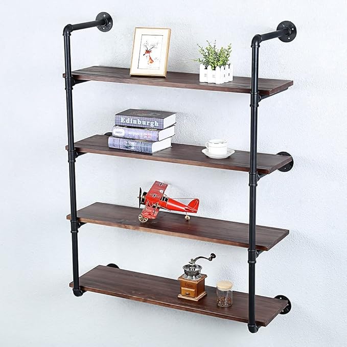 Industrial Pipe Shelving Wall Mounted,36in Rustic Metal Floating Shelves,Steampunk Real Wood Book Shelves,Wall Shelf Unit Bookshelf Hanging Wall Shelves,Farmhouse Kitchen Bar Shelving(4 Tier)