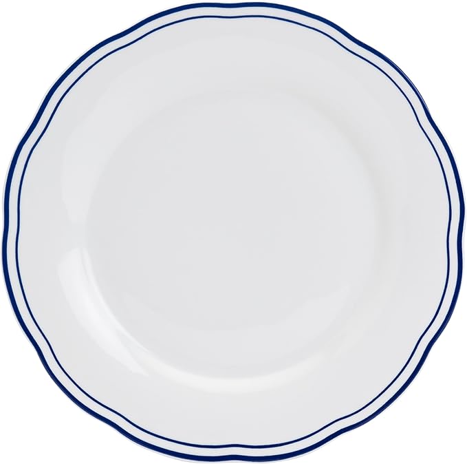 Tabletops Gallery 12-Piece White with Blue Striped Ceramic Dinnerware Set of Kitchen Dishes, Scalloped Dinner Salad Plates Cereal Bowls, Service for 4, Vintage Stripe
