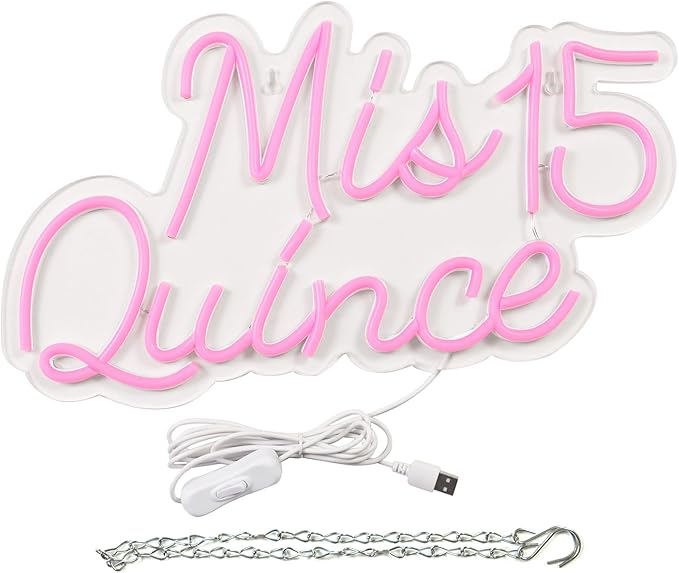 JFLLamp Mis 15 Quinceanera Neon Signs for Wall Decor Neon Lights for Bedroom Led Signs Suitable for Quinceanera Christmas Birthday Party Unique Gift for Lover, 5V Power Adapter, 16.2 * 9.7 Inch(Pink)