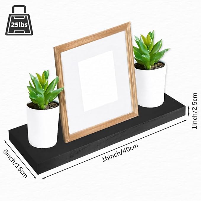 Floating Shelves for Wall, 16*6*1inch Wood Wall Mounted Shelves for Room Decor, Repisas Flotantes for Book Bathroom Bedroom Storage, Renter Friendly Shelves with Invisible Brackets (Black)