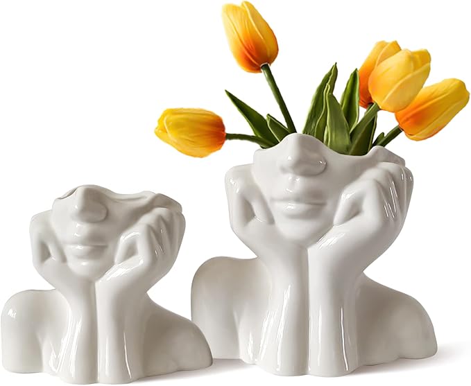 Ceramic Vases Set of 2-White Vase for Modern Home Decor, Flower Vases for Aesthetic Room Decor,Boho Decor Wedding Dinner Table Party Office Centerpiece Table Decorations (White face)