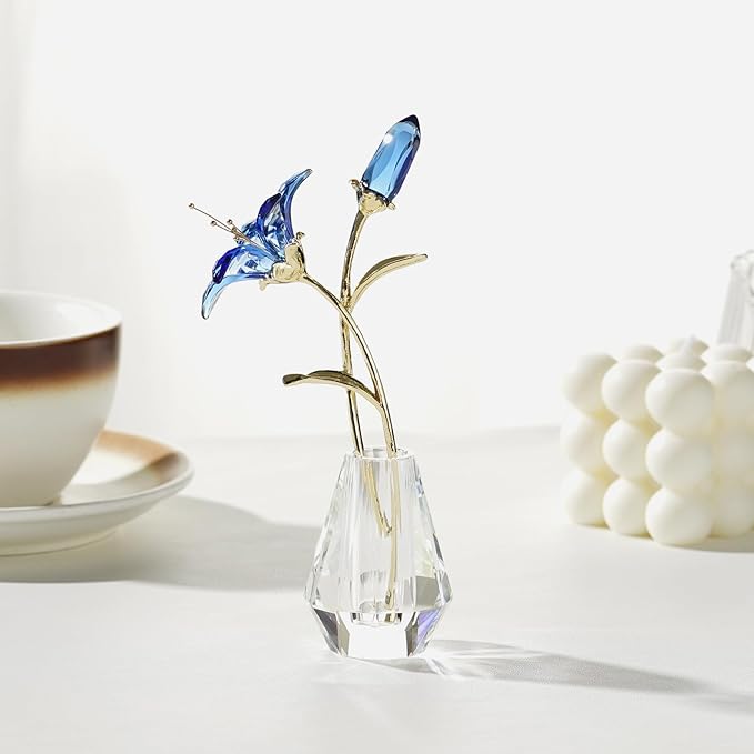 Crystal Lily Figurine, Glass Flowers with Stem,Flower Collectible Gifts for Woman, Wedding Party Decor(Blue)