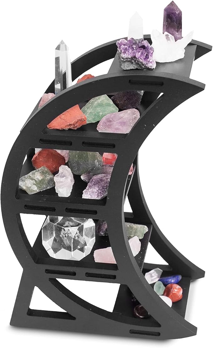 Wooden Crystal Display Shelf - Crystal Holder for Stones and Essential Oil - Black Witchy Decor Crescent Moon Phrase Decorative Shelves for Table Top - Unique Crystal Shelf Display Stand