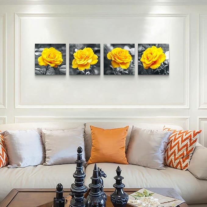 Canvas Wall Art For Living Room Family Wall Decor For Bedroom Modern Kitchen Wall Decorations Black And White Wall Pictures Artwork Yellow Rose Flowers Canvas Art Prints Large Size Home Decor 4 Piece