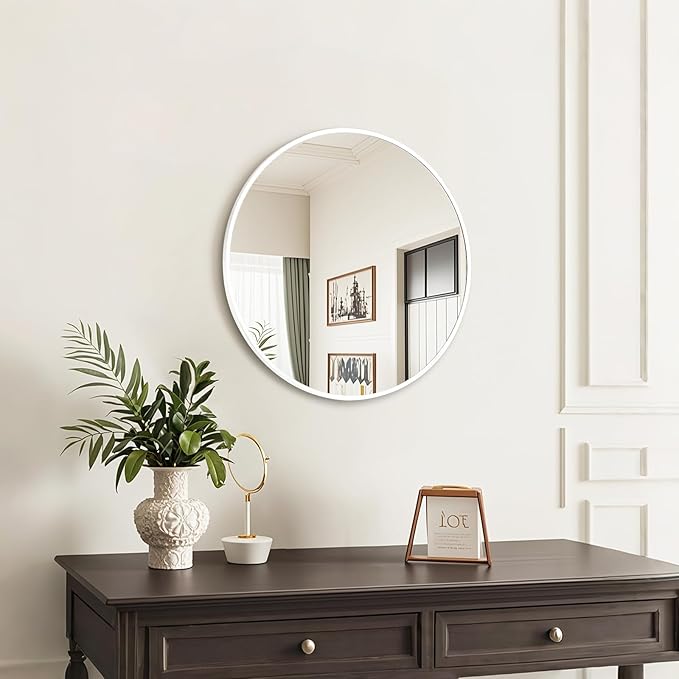 Fabuday White Round Mirror for Bathroom - Small 18 Inch Circle Mirror for Wall Decor with Matte Frame, Living Room, Bedroom, Entryway Circular Mirror