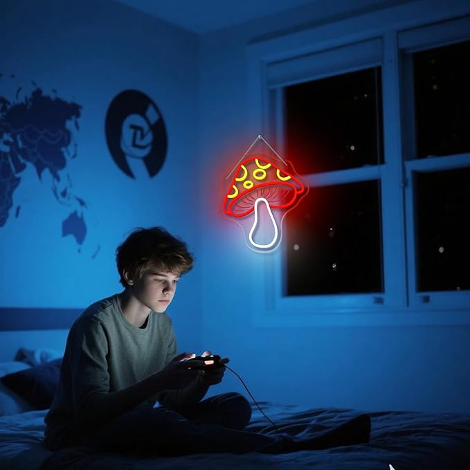 Red Mushroom Neon Sign Whimsical LED Wall Decor for Gaming Rooms, Fantasy Mushroom Lovers, USB-Powered Adjustable Brightness Light Up Signs USB LED Signs for kids room