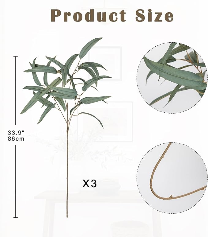Briful Artificial Eucalyptus Willow Branches 33'' Tall Gray Fake Eucalyptus Stems Arrangement, Realistic Faux Greenery Stems, Indoor Plant, Home Housewarming Farmhouse Porch Vase Decor, Set of 3