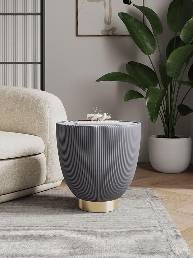 Manhattan Comfort Anderson Modern 18" Round End Table 2.0 | Ceramic Marble Tabletop, Elegant Pleated Leatherette Design & Gold Stainless Steel Base, Fully Assembled Accent Furniture, Set of 1, Grey
