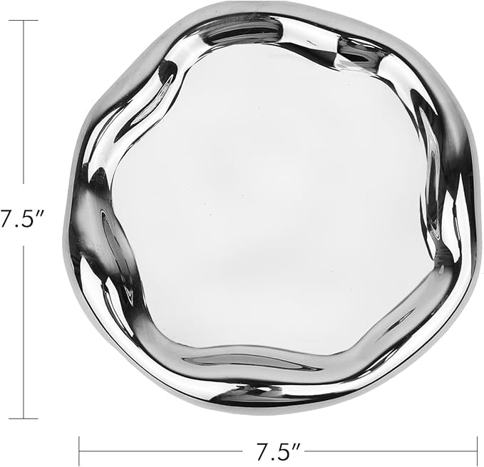 Silver Tray Decorative Vanity Tray Bathroom Tray Jewelry Dish Ceramic Silver Round Plate Holder Makeup Tray Home Organizers Irregular Storage Plate Bathroom organizer (Round)