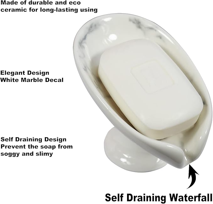 Self-Draining Soap Dish White Marble Ceramic Soap Holder Stand Style Waterfall Soap Dish Soap Savers for Bar Soap, for Bathroom, for Shower, for Bar Counter