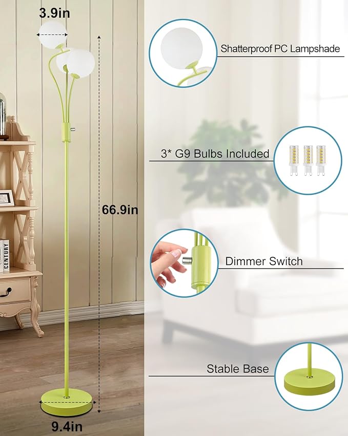 Lightdot Globe Standing Lamps with 3Pcs 3000K G9 Bulbs Stepless Green Dimmable Floor Lamp with Stable Base 3-Lights Modern Design Mid Century Floor Lamp for Living Room/Bedroon/Office