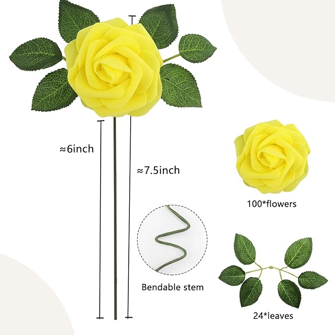 100PCS Yellow Artificial Flowers Roses Real Looking Foam Fake Roses with Leaves and for DIY Wedding Bouquets Bridal Shower Centerpieces Party Decorations (Yellow, 100)