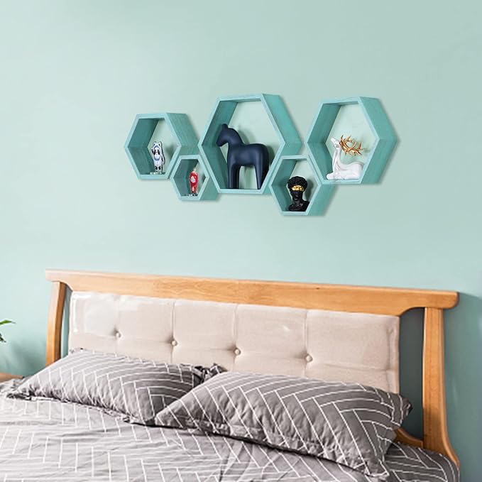 PHOENANCEE Hexagon Floating Shelves,Wall Mounted Wood Farmhouse Storage Honeycomb Wall Shelf Set of 5,for Bathroom, Kitchen, Bedroom, Living Room,Office,Driftwood Finish (Ocean Blue)