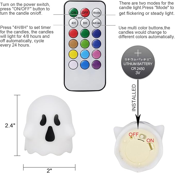 DRomance Ghost Flickering Flameless Candles Battery Operated with Remote and Timer 6 Pack Color Changing Light Spooky White LED Tea Lights Candles Halloween Indoor Decoration Gifts(2 x 2.4 Inches)